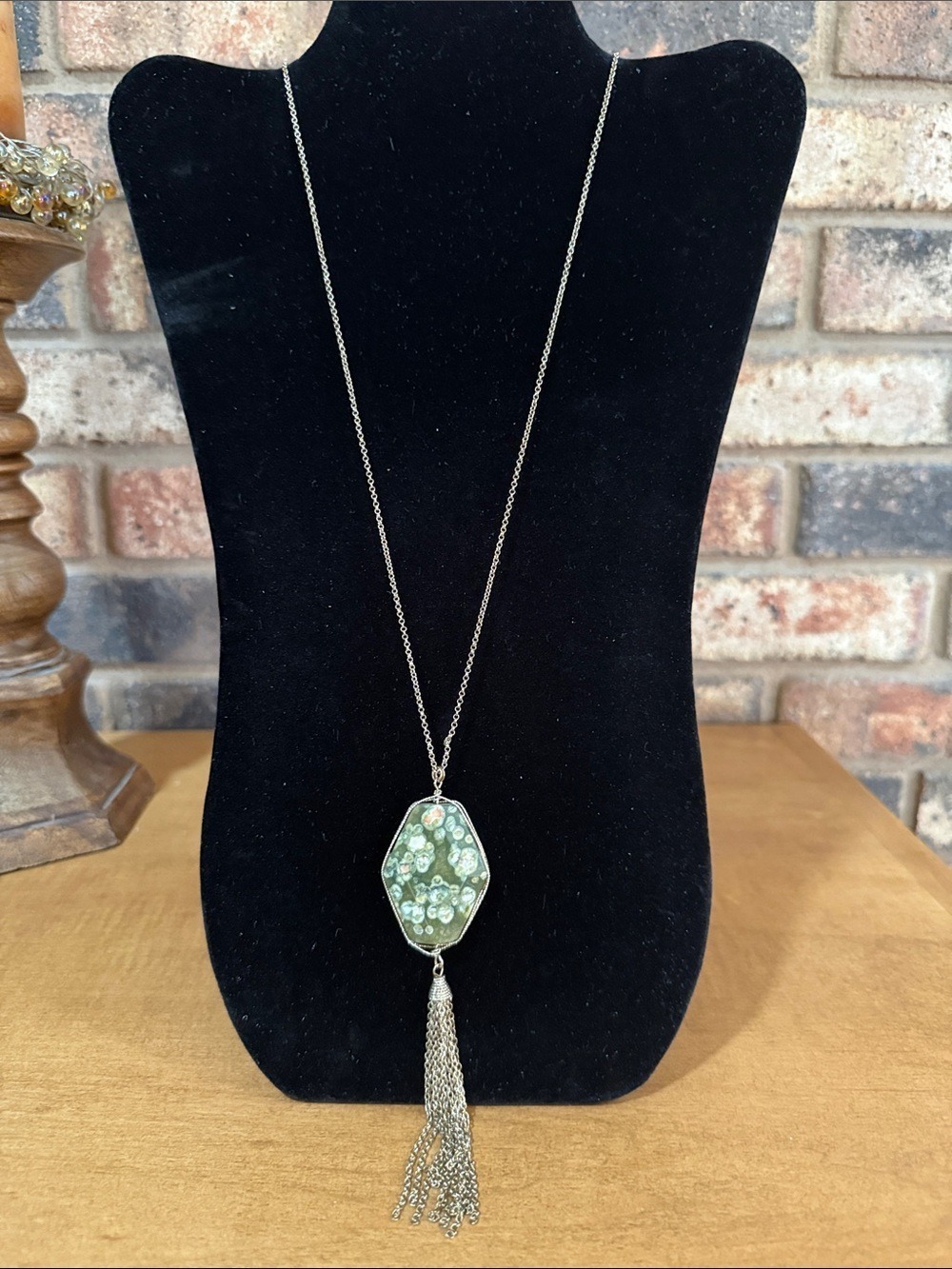 Versona Ocean Jasper tassel pendant gold tone necklace